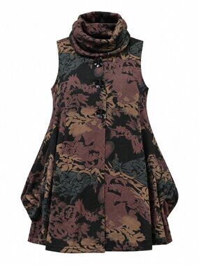 Lavena Brown Floral Sleeveless Tunic Sweater Dress, Size M/L, Artsy Chic